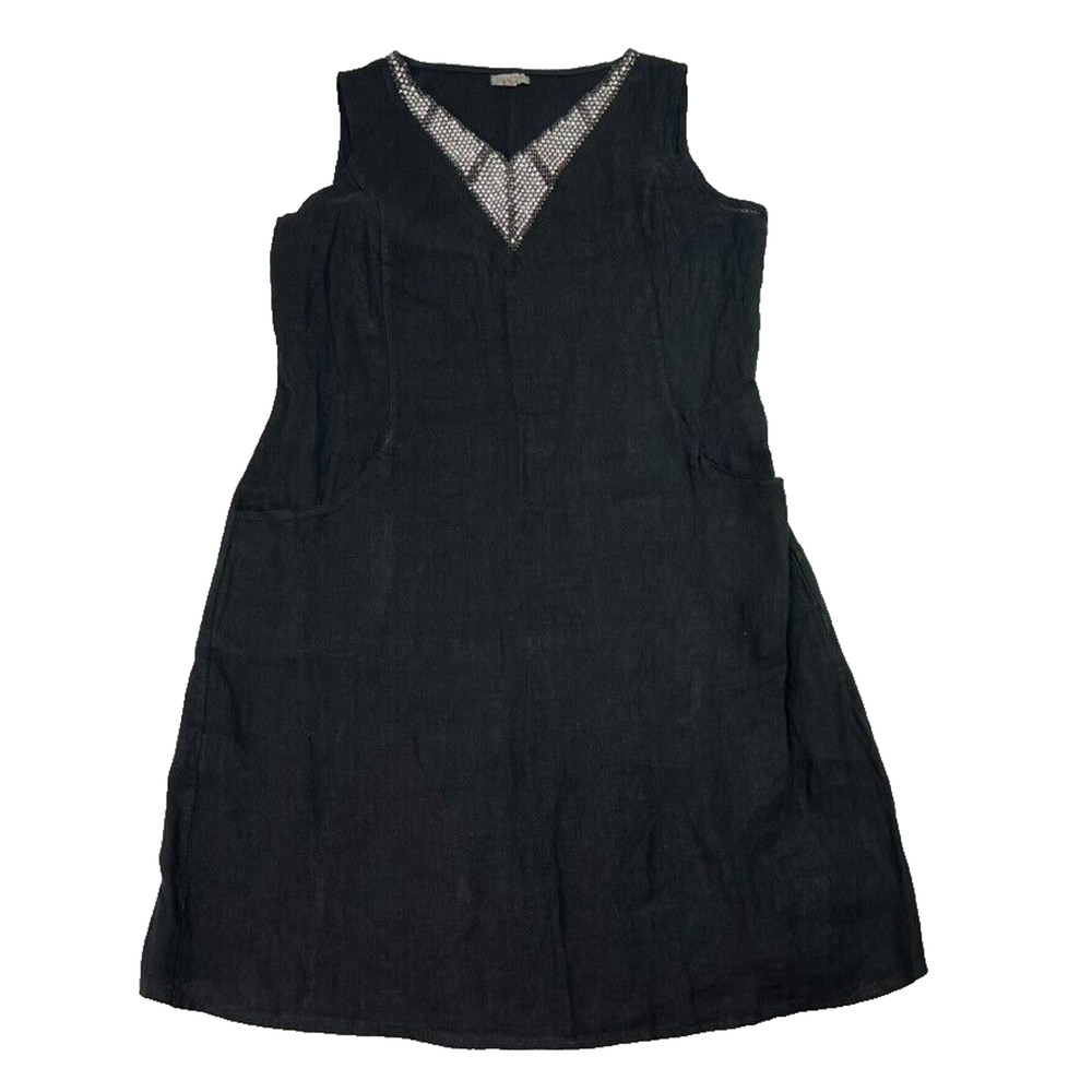 Lina Tomei Linen Dress Women's Size Large Black Shift Rhinestone V Neck